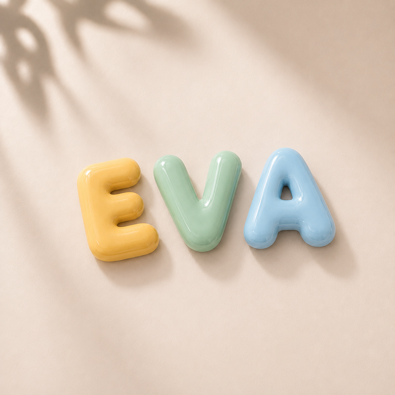 Bubble letters spelling EVA in yellow, sage and blue