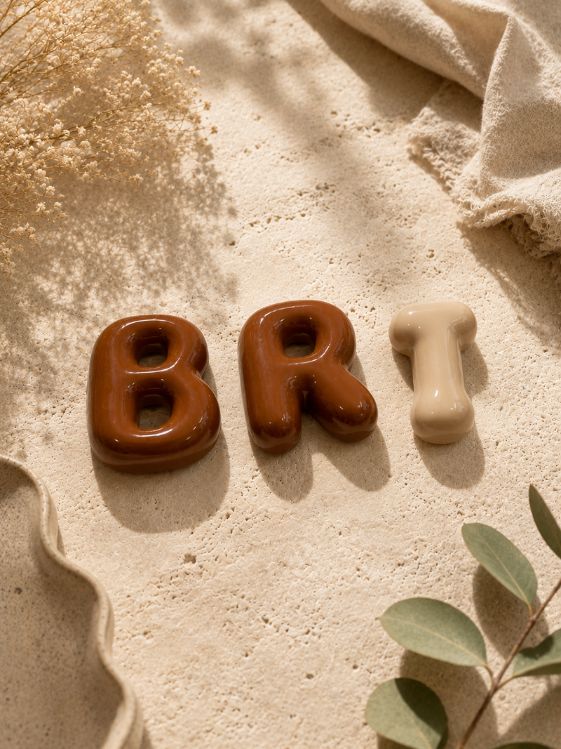 Bubble letters in earth brown and beige on a textured stone surface