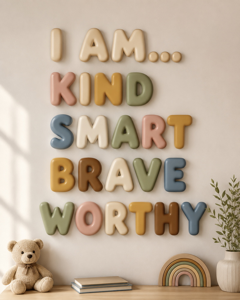Affirmation wall of 3D printed letters above a nursery shelf