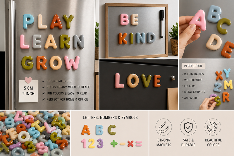 Magnetic letter set features: strong magnets, 5 cm tall, sticks to any metal surface