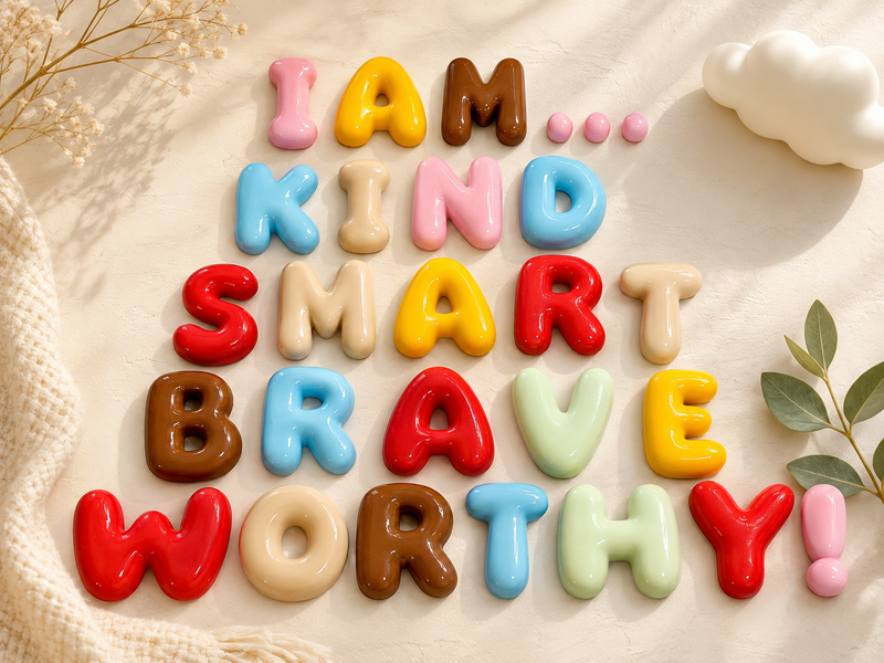 Glossy letters spelling an affirmation, flat lay