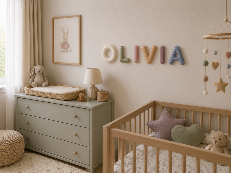 Personalised 3D printed name letters spelling OLIVIA on a nursery wall