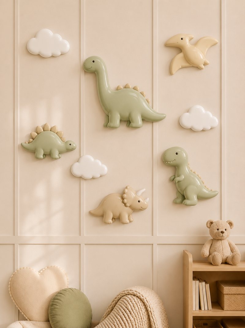 Dinosaur and cloud wall decor set mounted on a panelled nursery wall