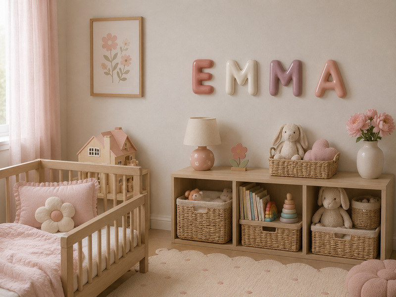 Custom name letters spelling EMMA above a pink nursery shelf