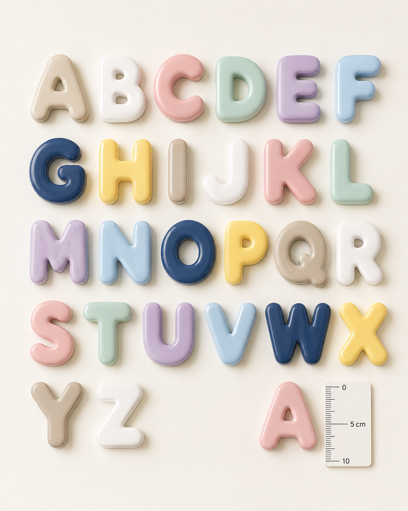 A to Z letters photographed beside a centimetre ruler for scale