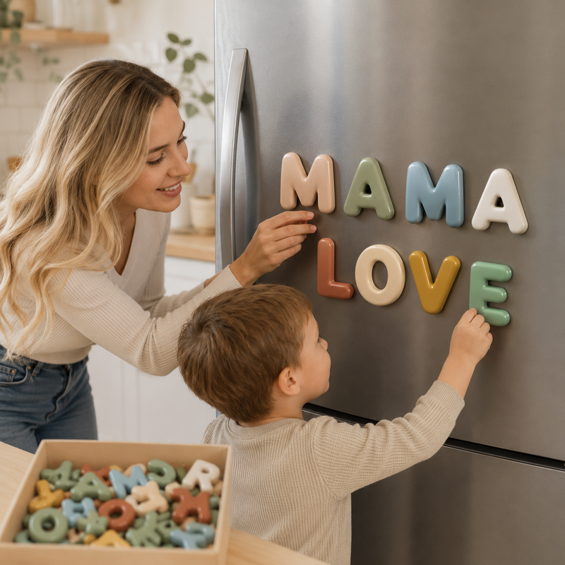 Child and parent spelling MAMA and LOVE with magnetic letters on a fridge