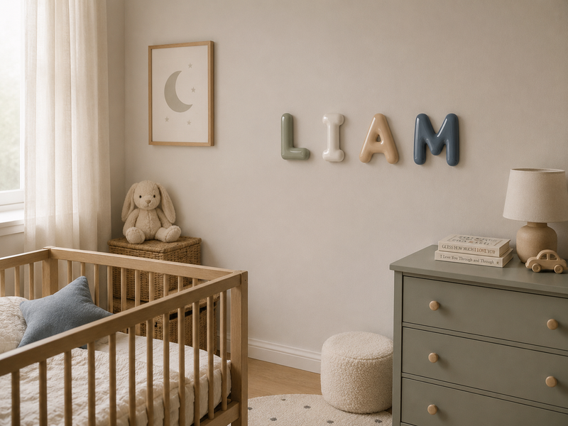 Name letters spelling LIAM in a sage and cream nursery