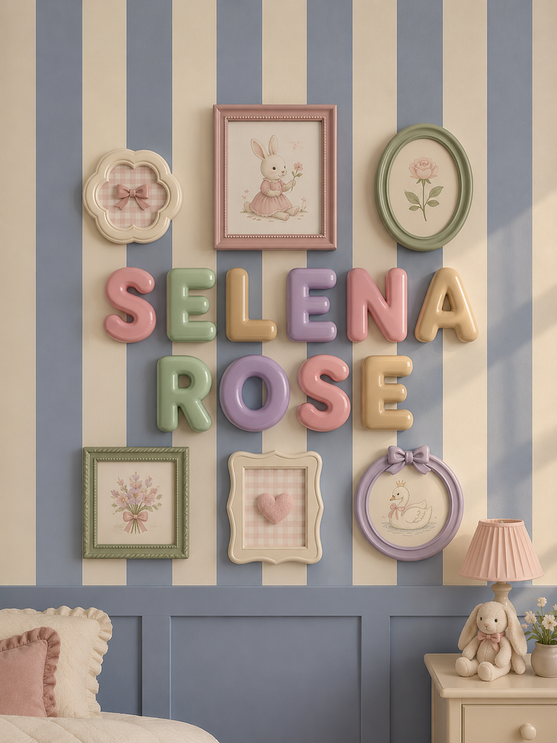 Door name sign spelling SELENA ROSE on a striped wall
