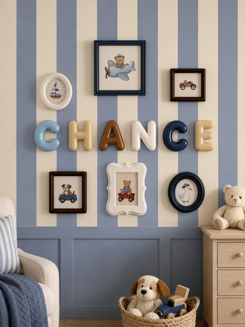 Door name sign spelling CHANCE on a striped bedroom wall