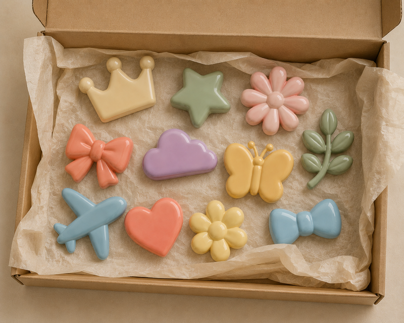 Decorative shapes set packed in a gift box: crown, star, flower, bow, cloud, butterfly, heart and plane