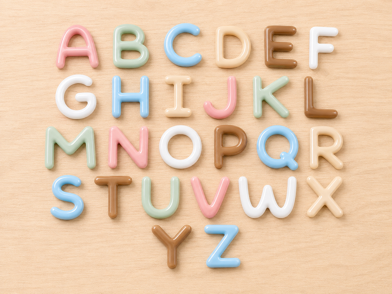 Full A to Z bubble alphabet laid out on a wooden surface