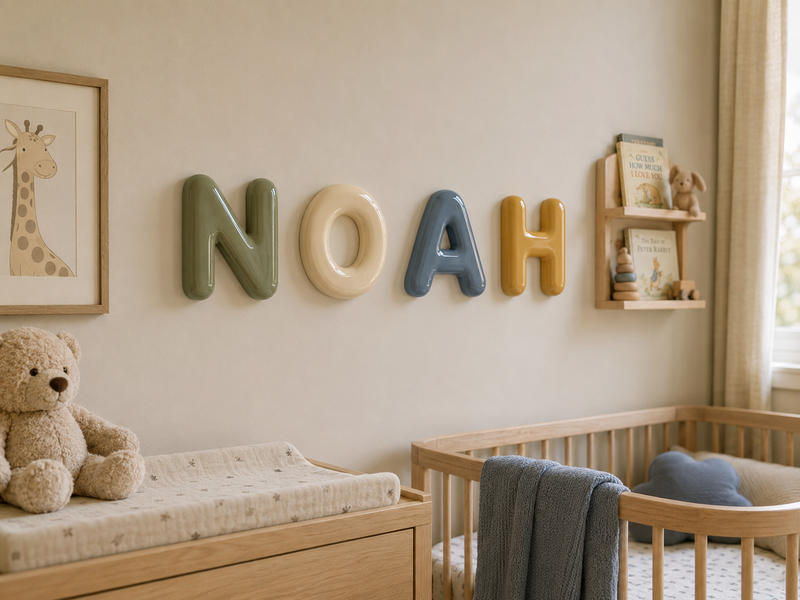 Name letters spelling NOAH on a nursery wall above a cot