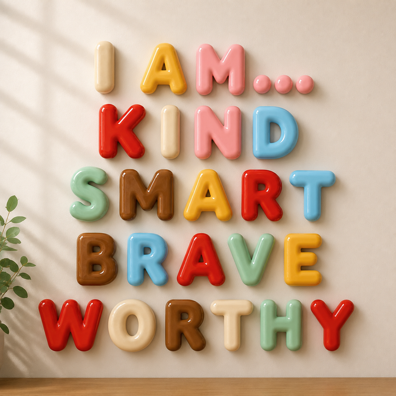 Letters arranged to read I AM KIND SMART BRAVE WORTHY on a wall