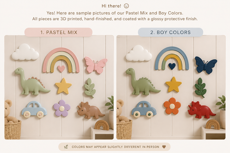 Wall decor sets shown in the Pastel Mix and Boy Colours palettes