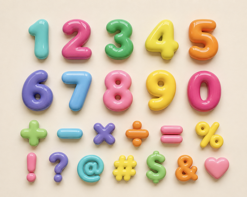 Bubble symbols including plus, minus, percent, ampersand and heart