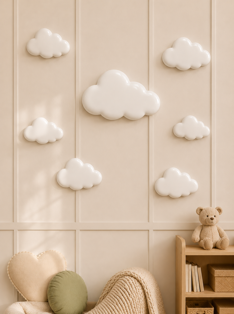 Cloud wall decor set in white on a cream panelled wall